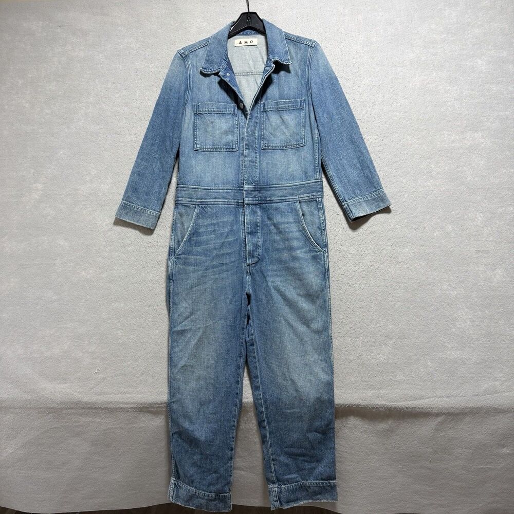 AMO Jumpsuit Denim Women’s Medium Button Front Pockets Long Sleeve Straight